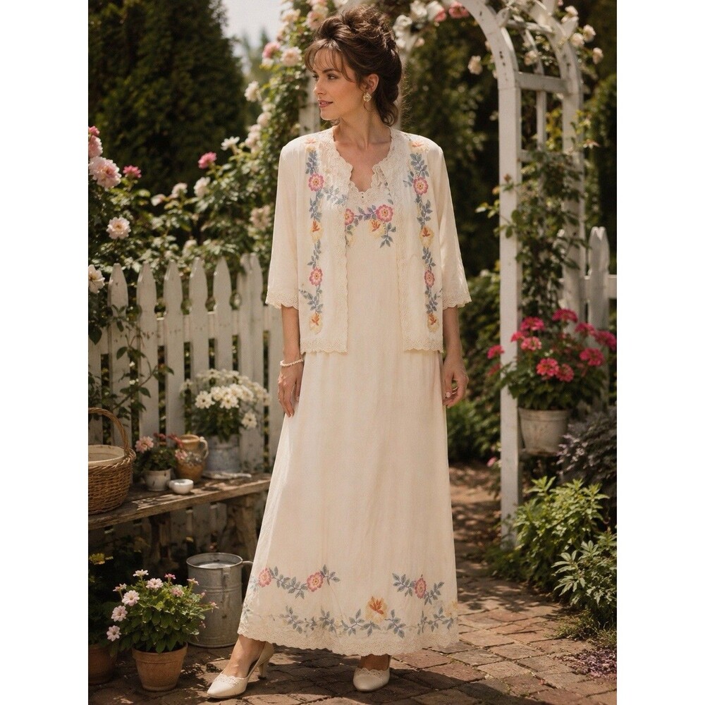 Midnight Velvet XL Embroidered Rayon Maxi Dress & Jacket 2 Pc Boho Cottage Vtg